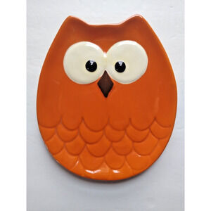 TAG Ceramic Owl Spoon Rest Trinket Dish Fall Halloween Decor Brown Orange Glossy